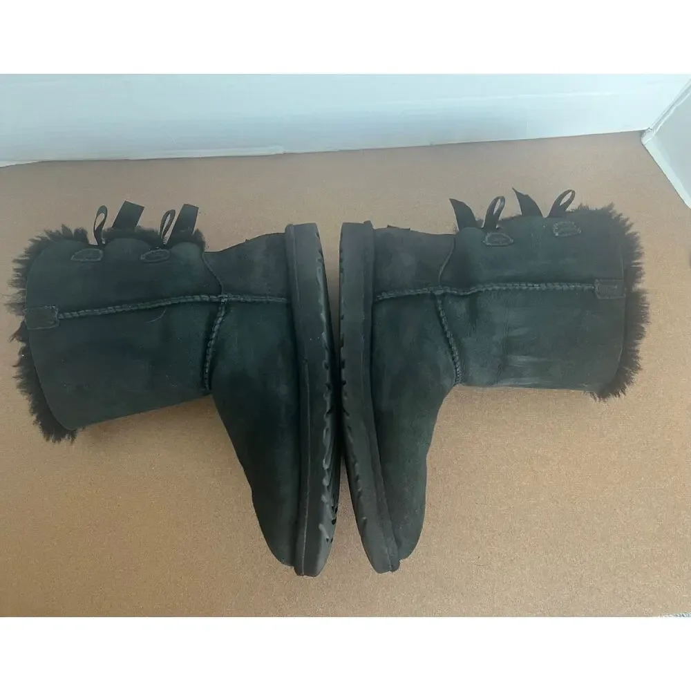 UGG Bailey 2954 Black Suede Bow II Shearling Mid Calf Water-Repellent Boots Sz 6
